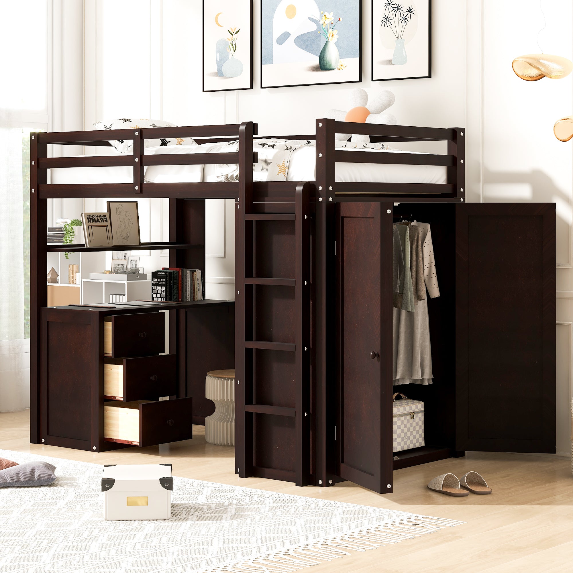 Twin Loft Bed with Desk, Drawers, Wardrobe - Espresso