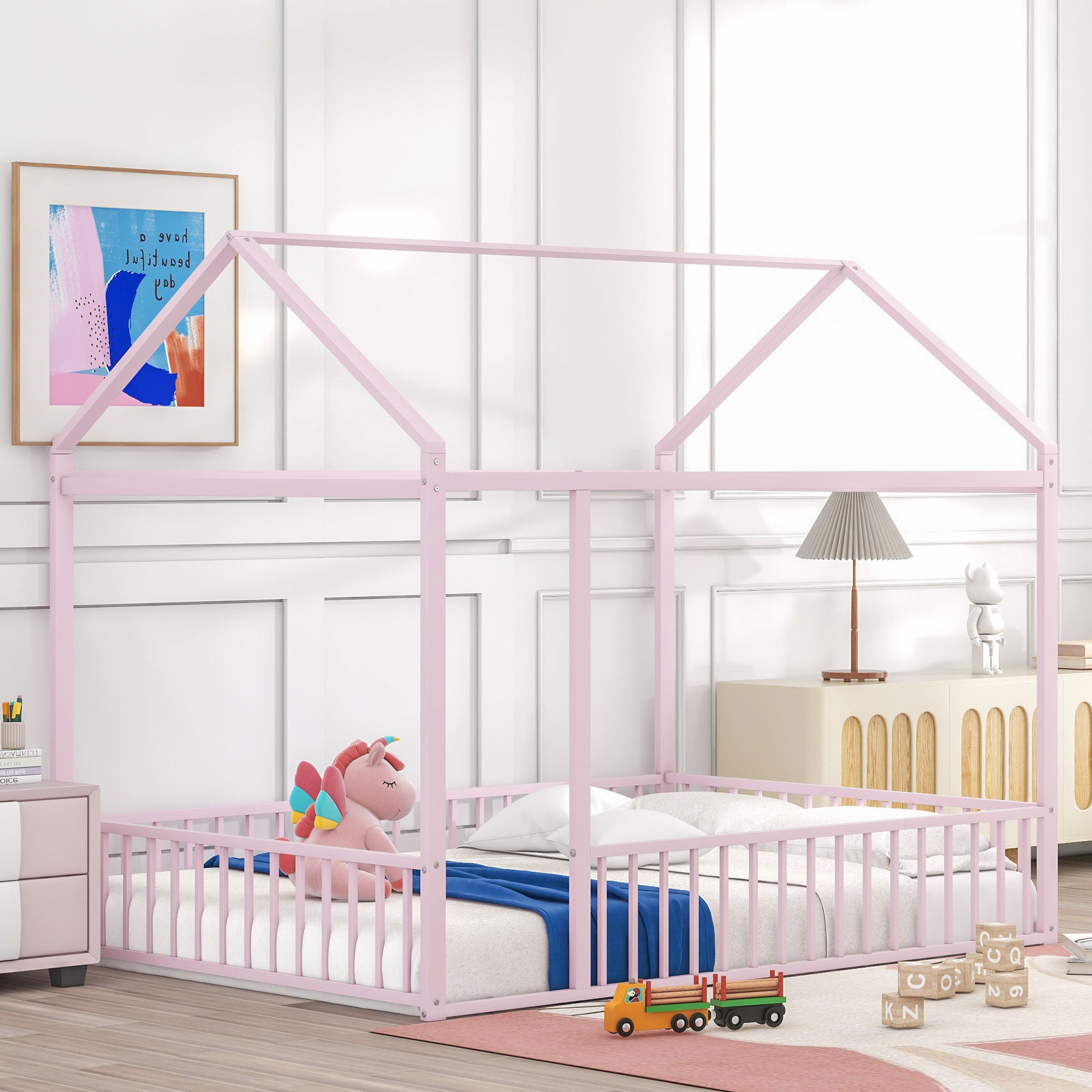Pink Full Size Metal House Bed Frame with Fence for Kids, Teens, Girls, Boys