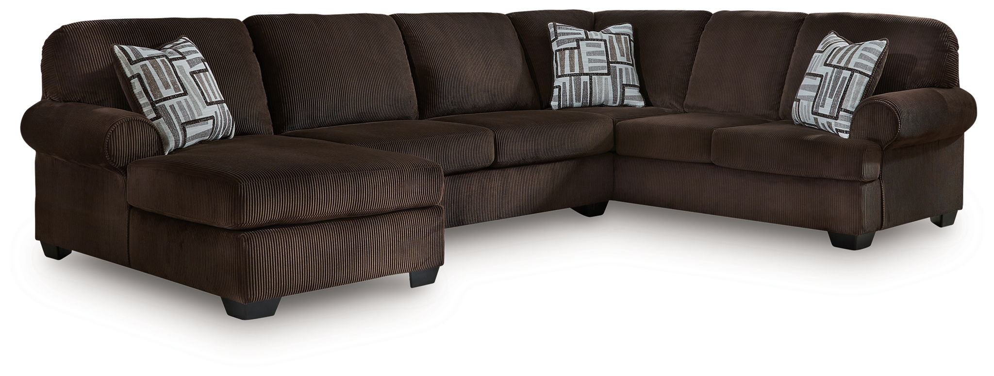 Chocolate sectional sofa with chaise, dark upholstered cushions, and patterned throw pillows