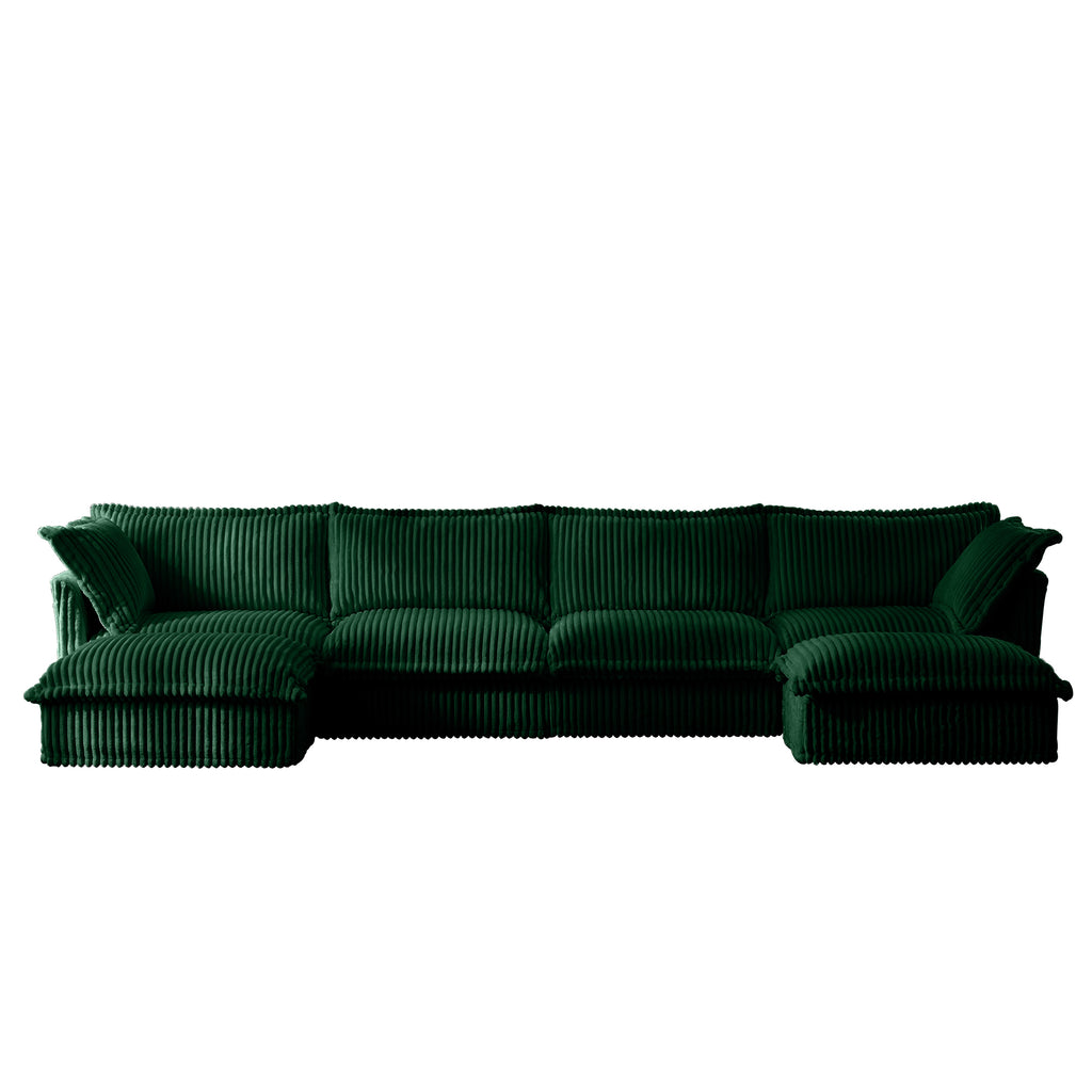 Green slipcovered sectional with two ottomans and back cushions, ribbed fabric
