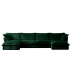 Green slipcovered sectional with two ottomans and back cushions, ribbed fabric