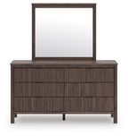 Dark brown dresser with mirror frame above and three rows of vertical slat drawers