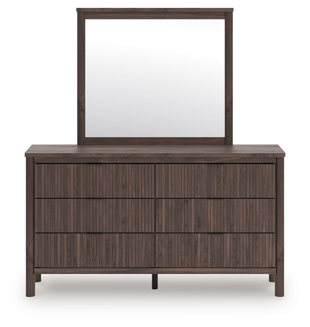 Dark brown dresser with mirror frame above and three rows of vertical slat drawers