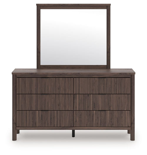 Dark brown panel dresser with horizontal drawer panels and flat top