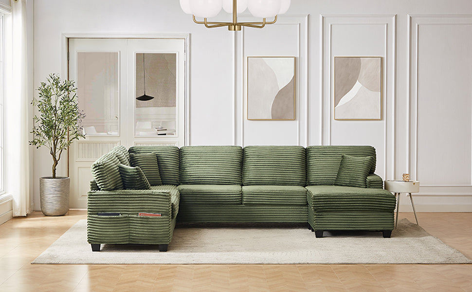 Green corduroy sectional sofa with ottoman and multiple back cushions, U-shaped layout
