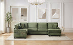 Green corduroy sectional sofa with ottoman and multiple back cushions, U-shaped layout