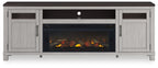 Gray TV stand with glass-front electric fireplace insert and center media shelf