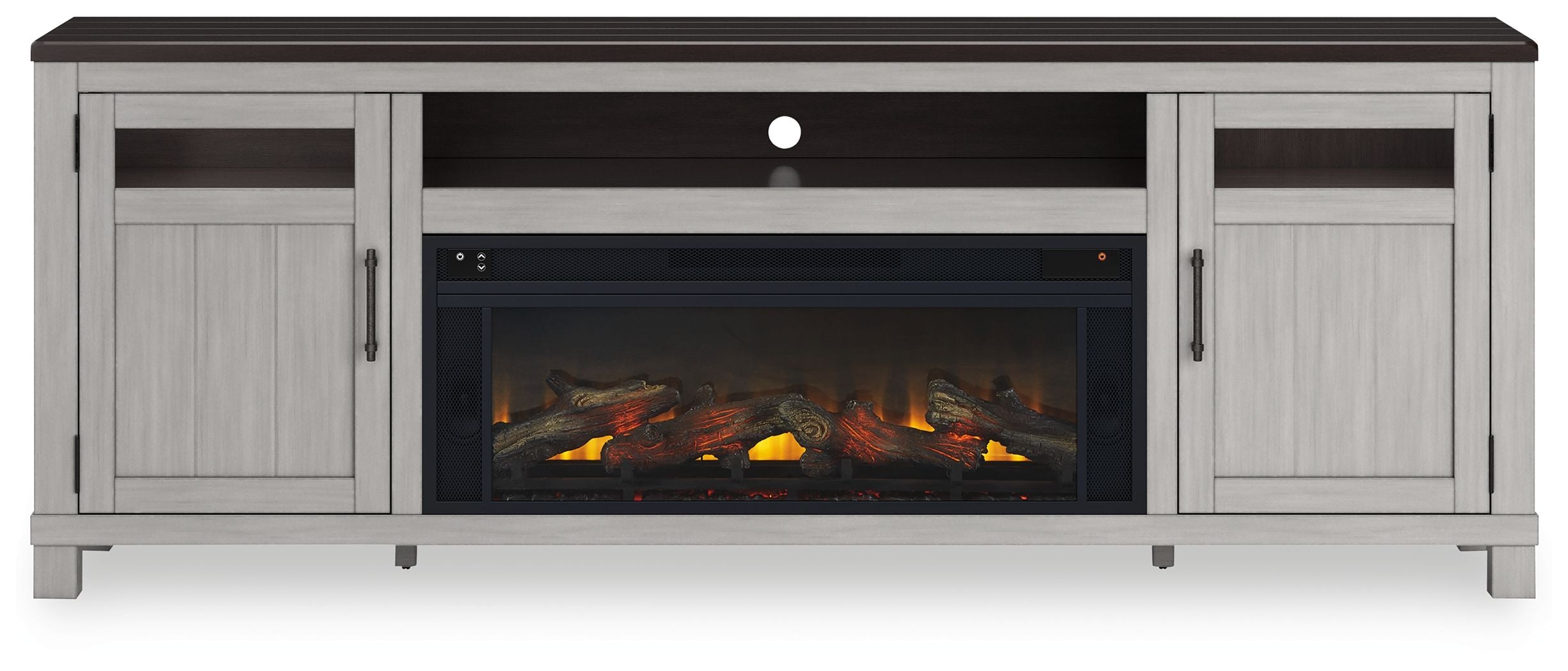 Gray TV stand with glass-front electric fireplace insert and center media shelf