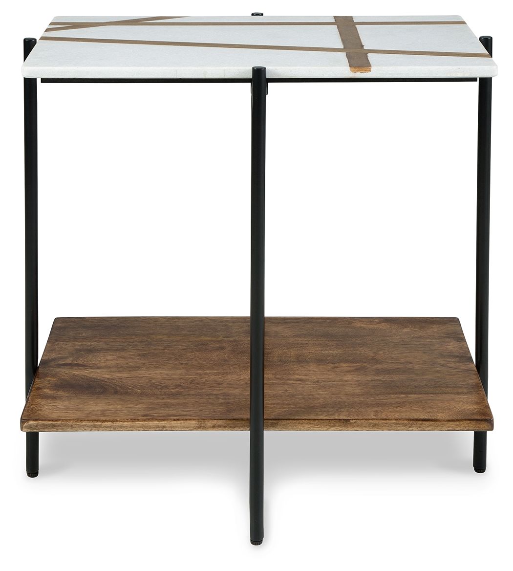 Accent table with white top panel and light brown striping, two-tier dark frame