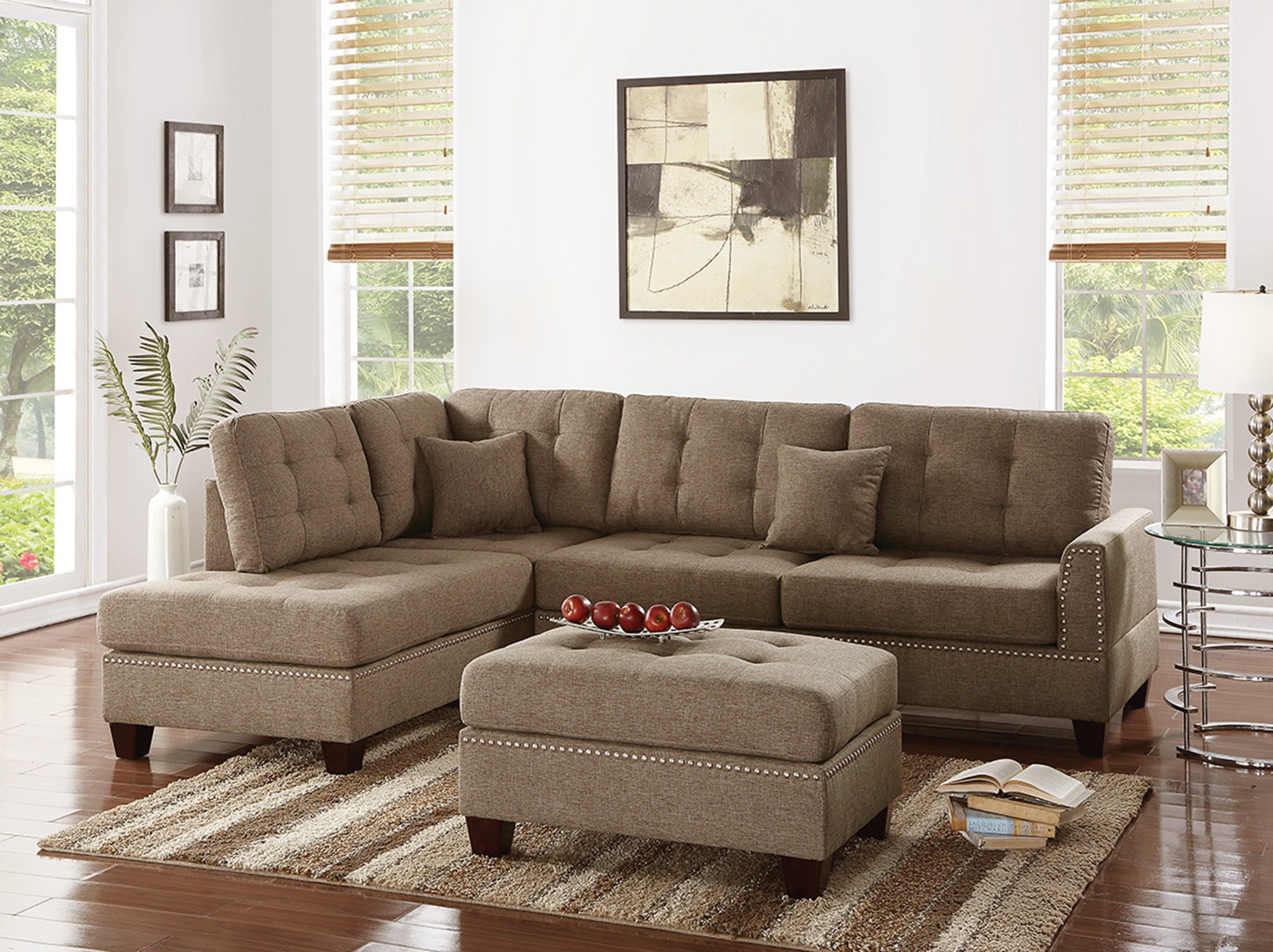 3-Pc Reversible Sectional Sofa Set w/ Ottoman - Coffee