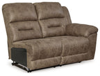 Power reclining loveseat, dark fossil brown, wide headrests and arm console panel