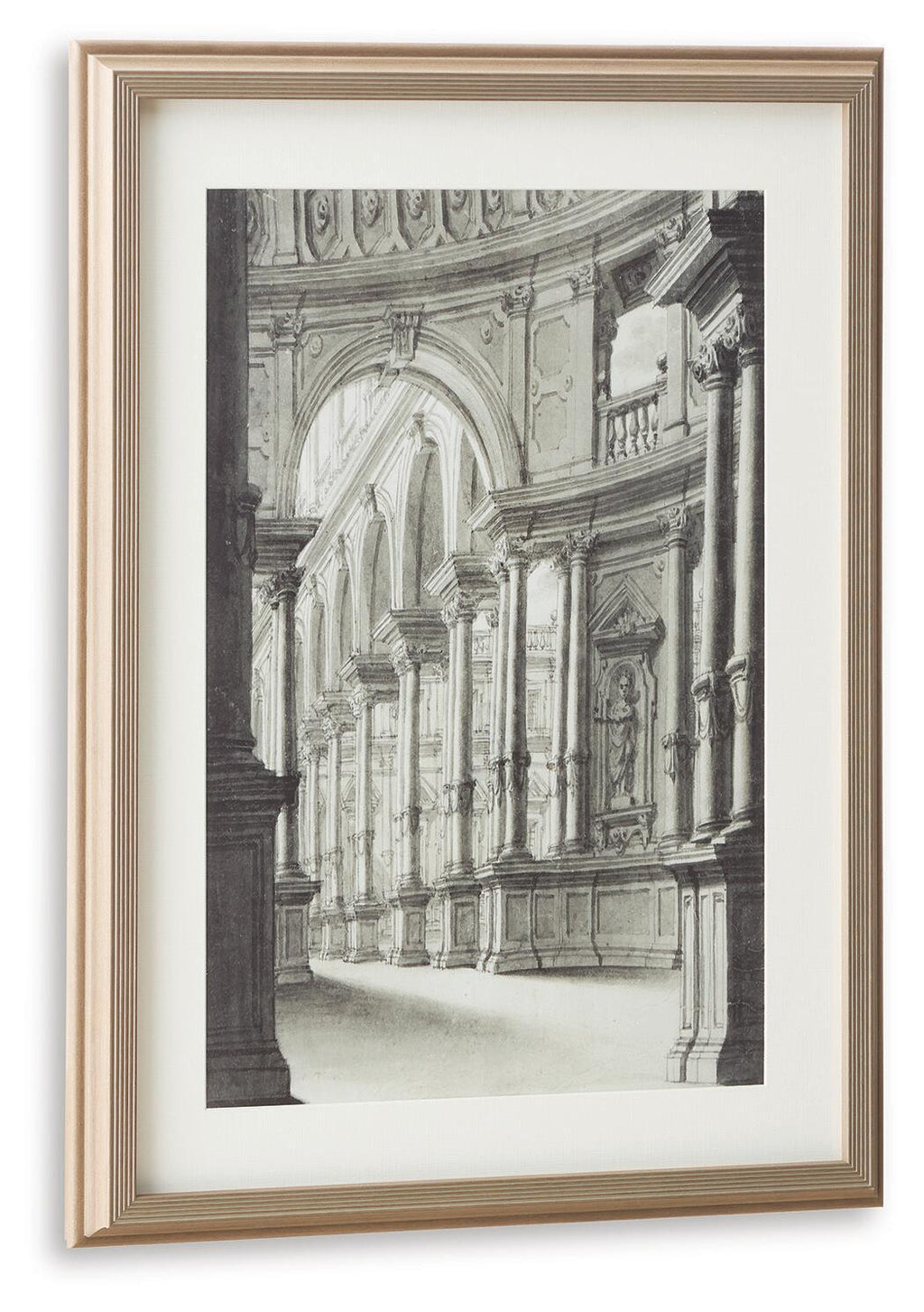 Framed monochrome archway wall art print in light walnut wood frame
