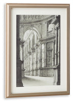 Framed monochrome archway wall art print in light walnut wood frame