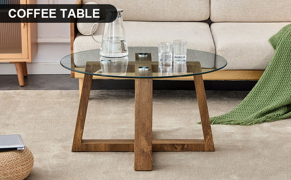 Modern Practical Circular Coffee And Tea Tables, Made Of Transparent Tempered Glass Tabletop And Wood Colored MDF Material, Suitable For Living Rooms And Bedrooms
