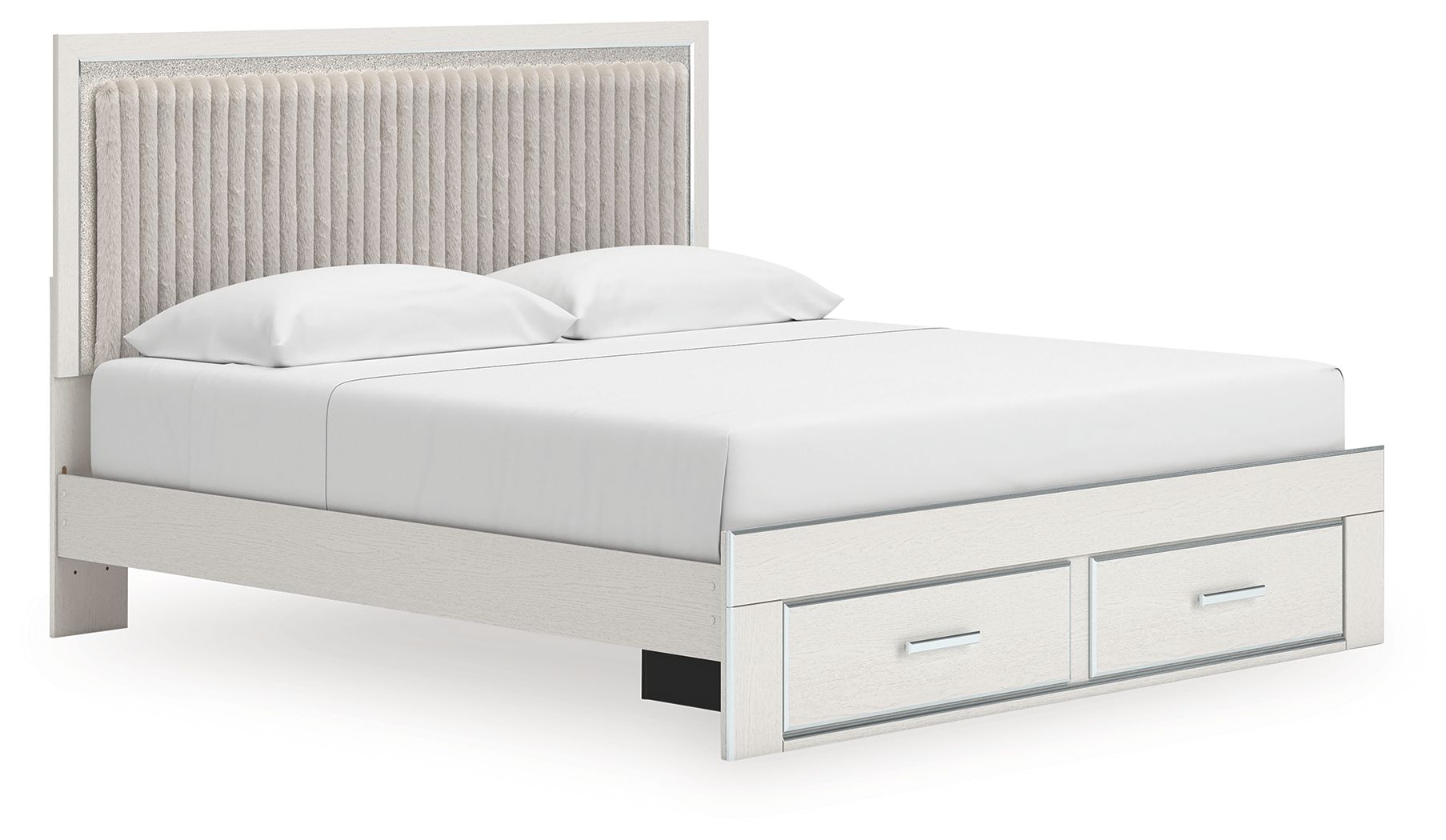 Upholstered panel platform storage bed, light upholstery with two front drawers and white mattress