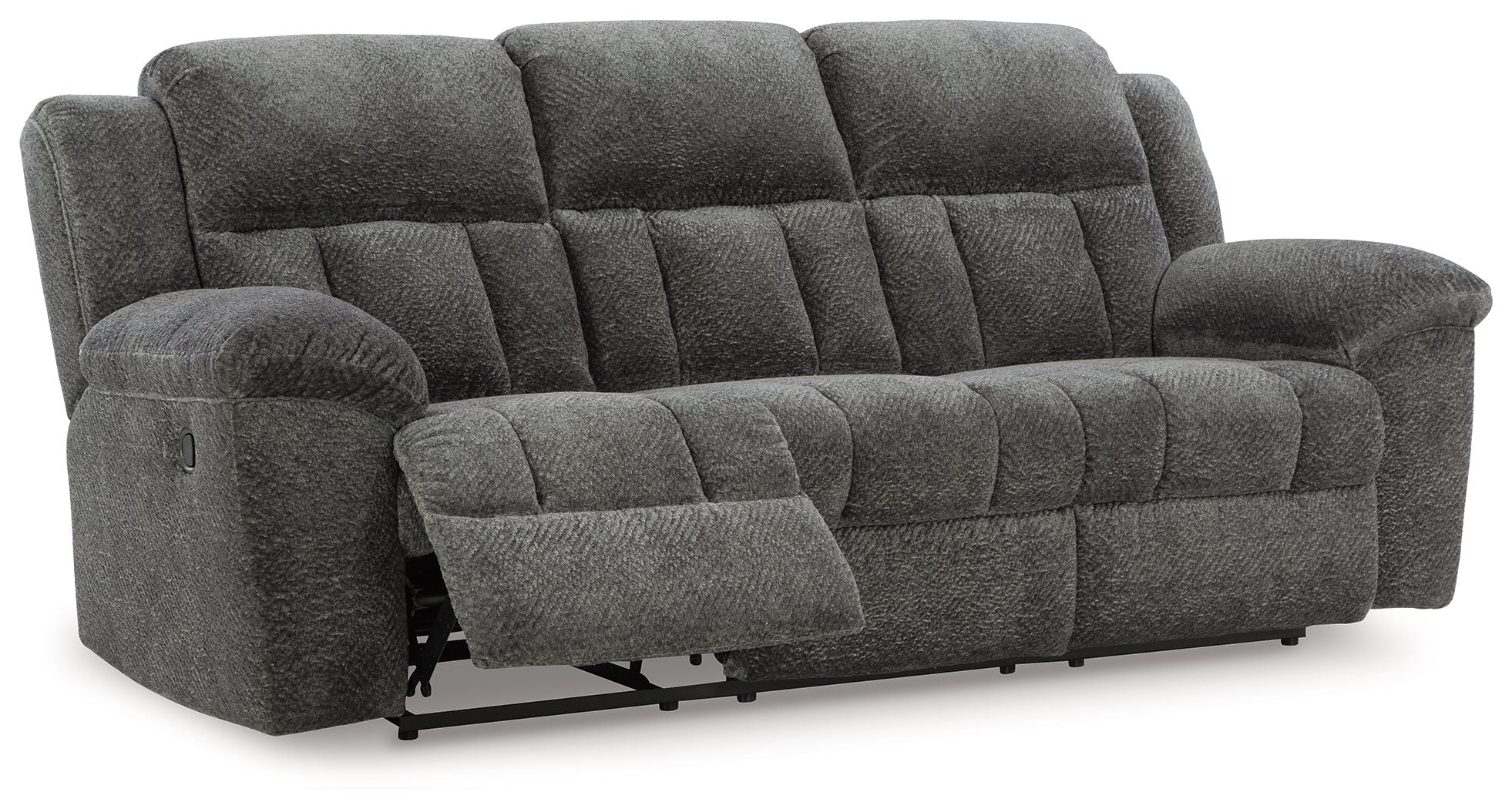 Graphite gray reclining sofa, tufted back, rounded arms, and pull lever on the side