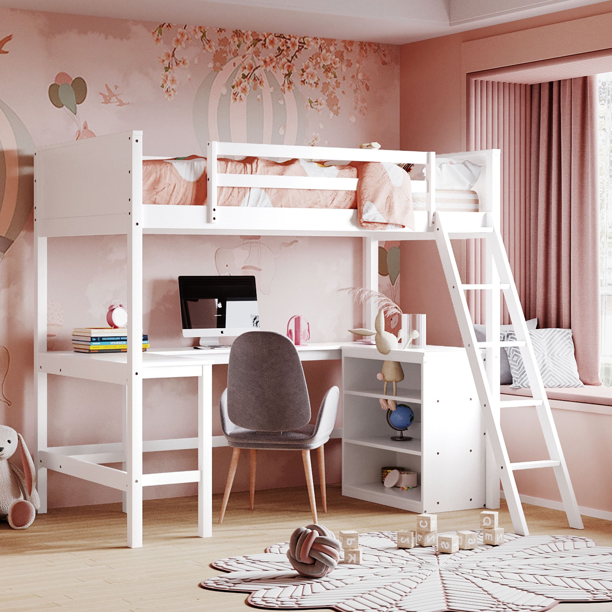 White Wooden Twin Loft Bed with Desk and Shelves
