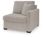 Flint gray upholstered corner chair with right-facing arm, box arms and black feet