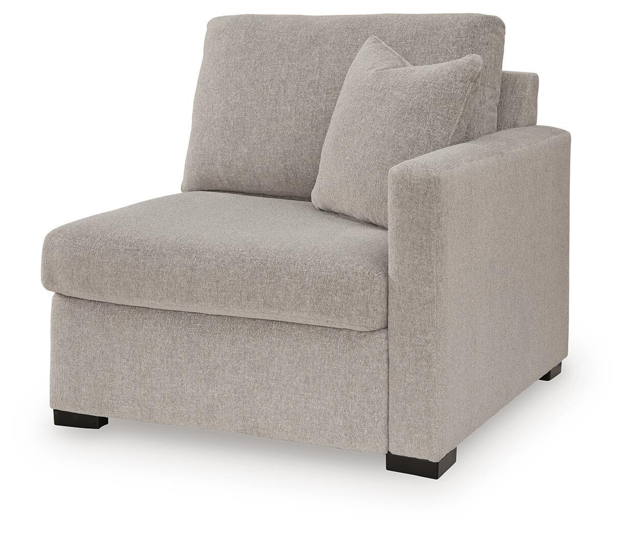 Flint gray upholstered corner chair with right-facing arm, box arms and black feet