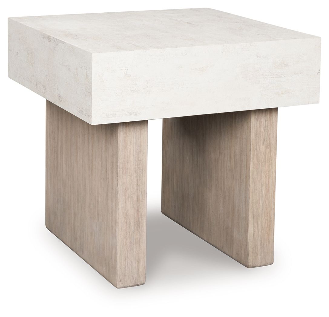Jorlaina rectangular table with light whitewashed top and tall wooden side legs