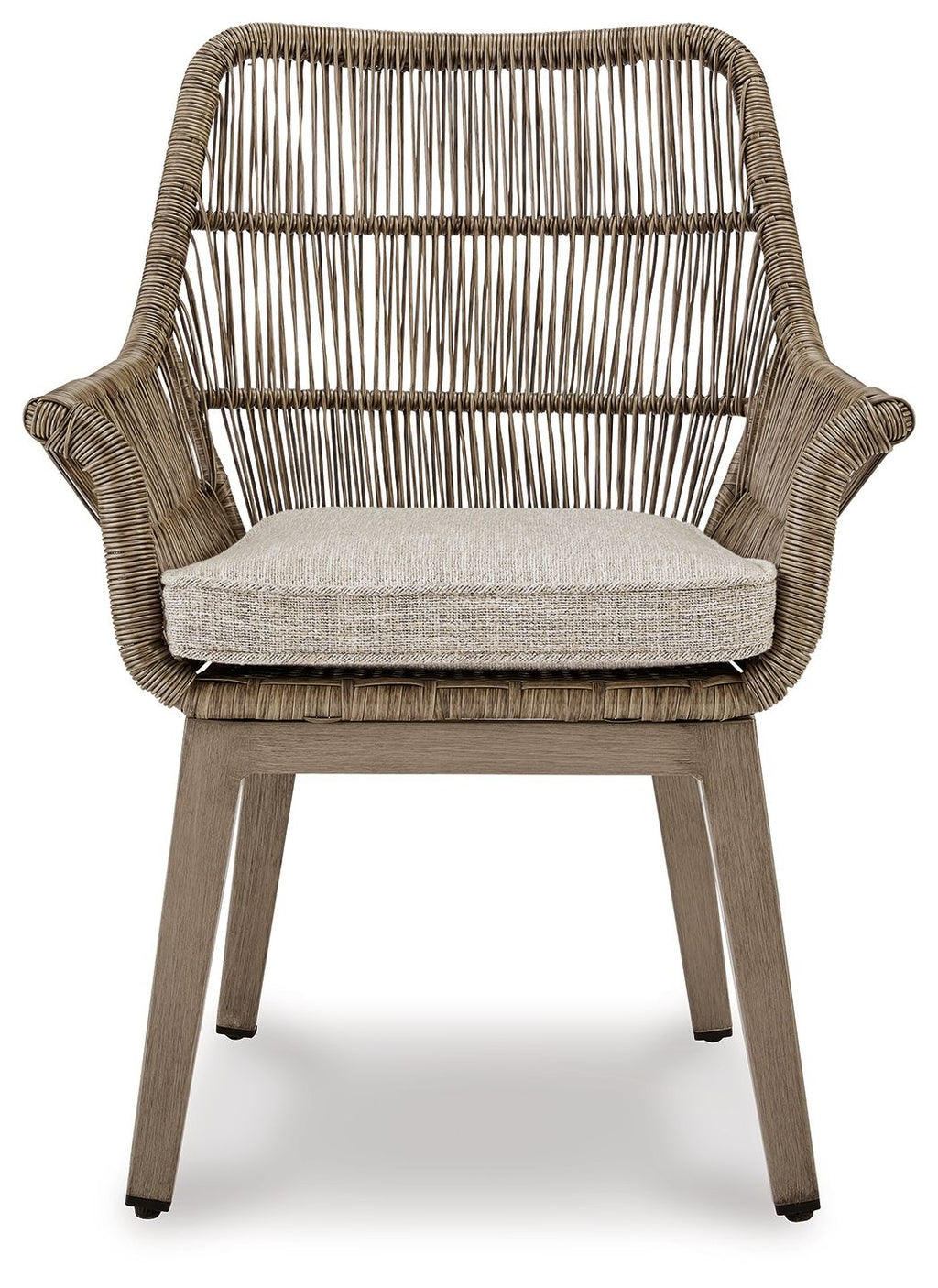 Beige wicker armchair with gray cushion, curved arms and woven slatted back