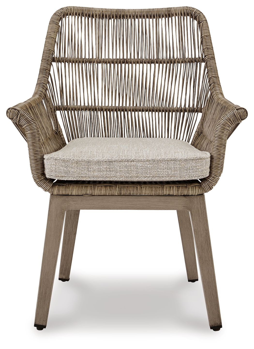 Beige wicker armchair with gray cushion, curved arms and woven slatted back