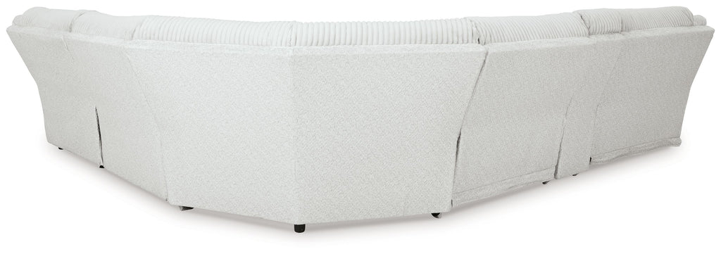 White ribbed reclining sectional sofa end with curved arm and back panels