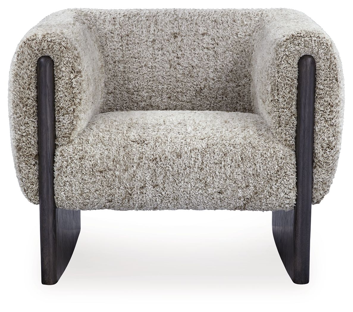 Accent chair with oatmeal boucle seat and back, dark wood legs, and padded side arms.