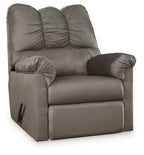 Gray upholstered rocker recliner with tufted back and padded armrests