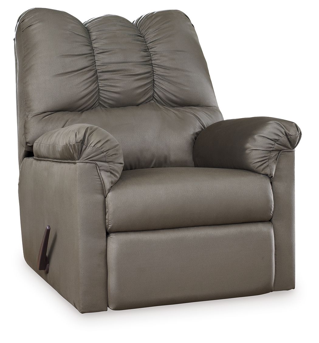 Gray upholstered rocker recliner with tufted back and padded armrests