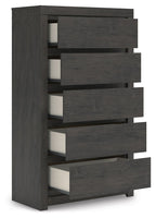 Charcoal five-drawer chest, side view with drawers slightly open