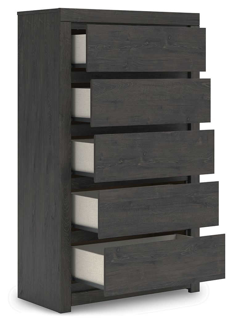 Charcoal five-drawer chest, side view with drawers slightly open