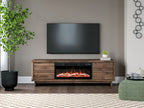 Dark brown wood TV stand with built-in fireplace insert under flat-screen TV