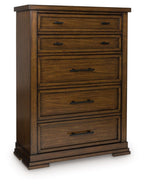 Medium brown five-drawer wooden chest with five drawers and metal bar pulls