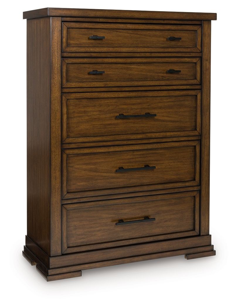 Medium brown five-drawer wooden chest with five drawers and metal bar pulls