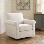 Beige swivel accent chair with padded arms and seat cushion, curved backrest