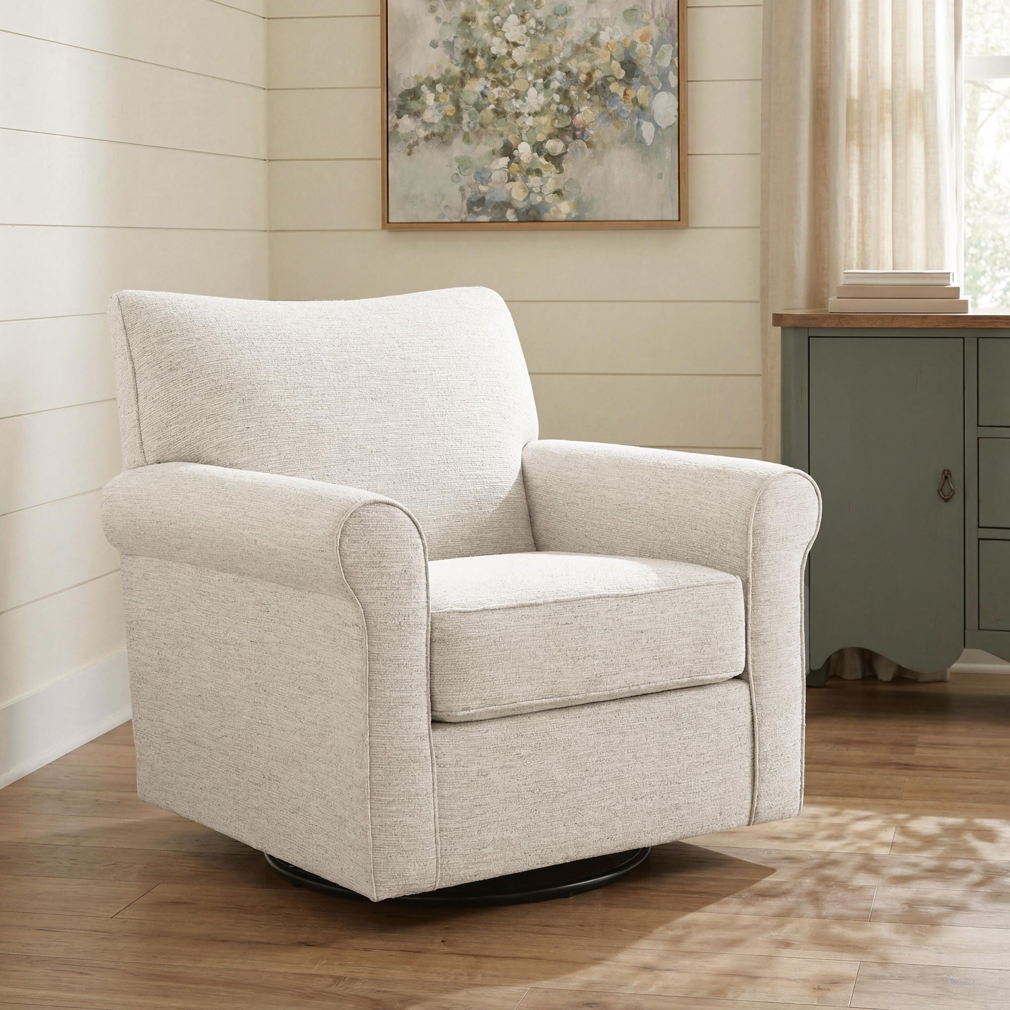 Beige swivel accent chair with padded arms and seat cushion, curved backrest