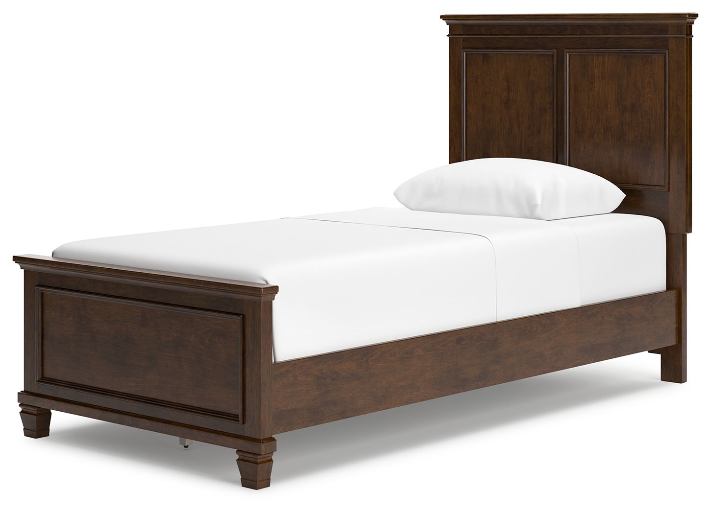 Dark brown panel bed with storage drawer fronts and white upholstered mattress