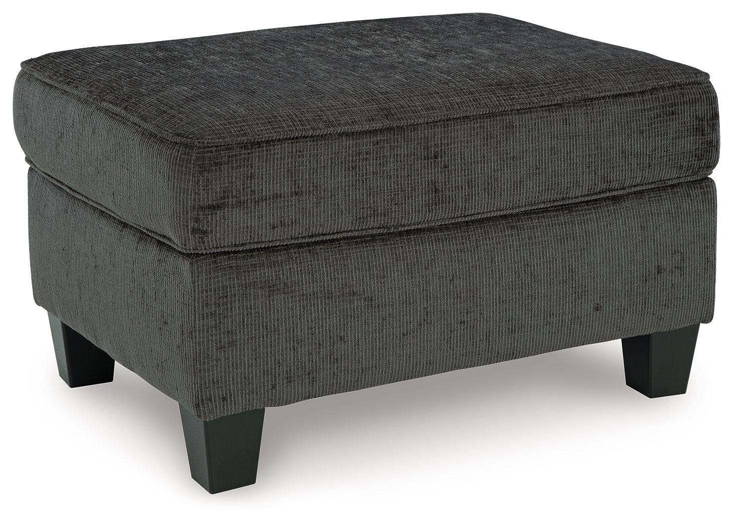 Dark charcoal ottoman with square top and stitched edges, sturdy wooden legs