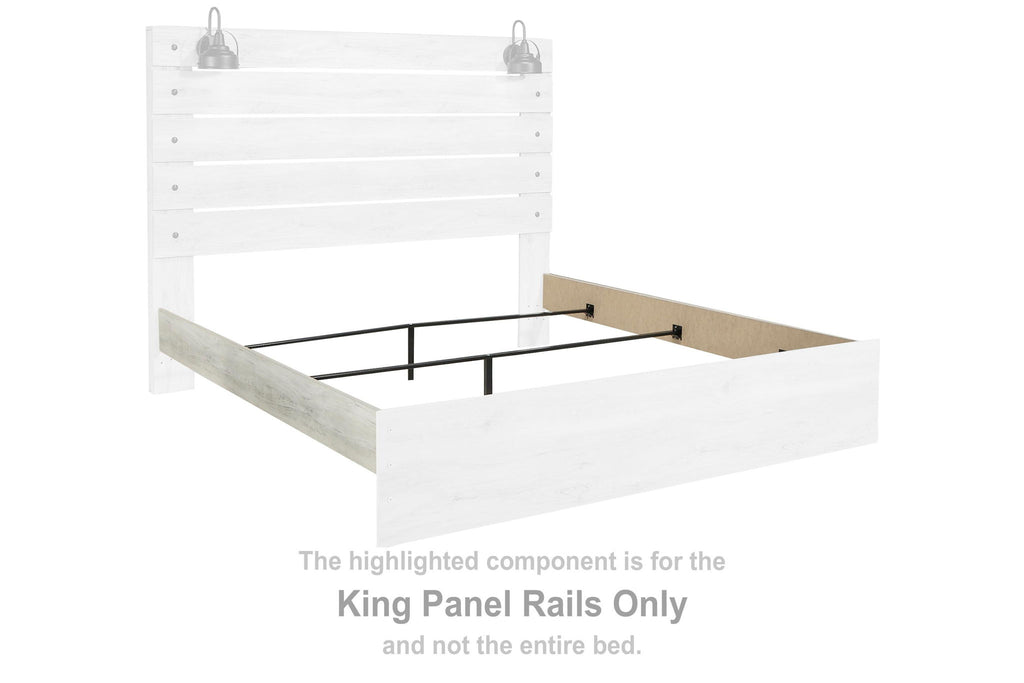 Whitewashed king panel bed rails with vertical slats and metal supports