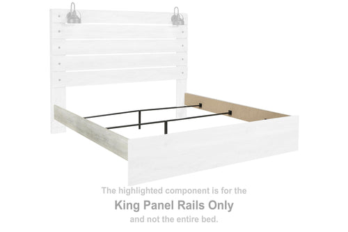 Whitewashed king panel bed rails with vertical slats and metal supports