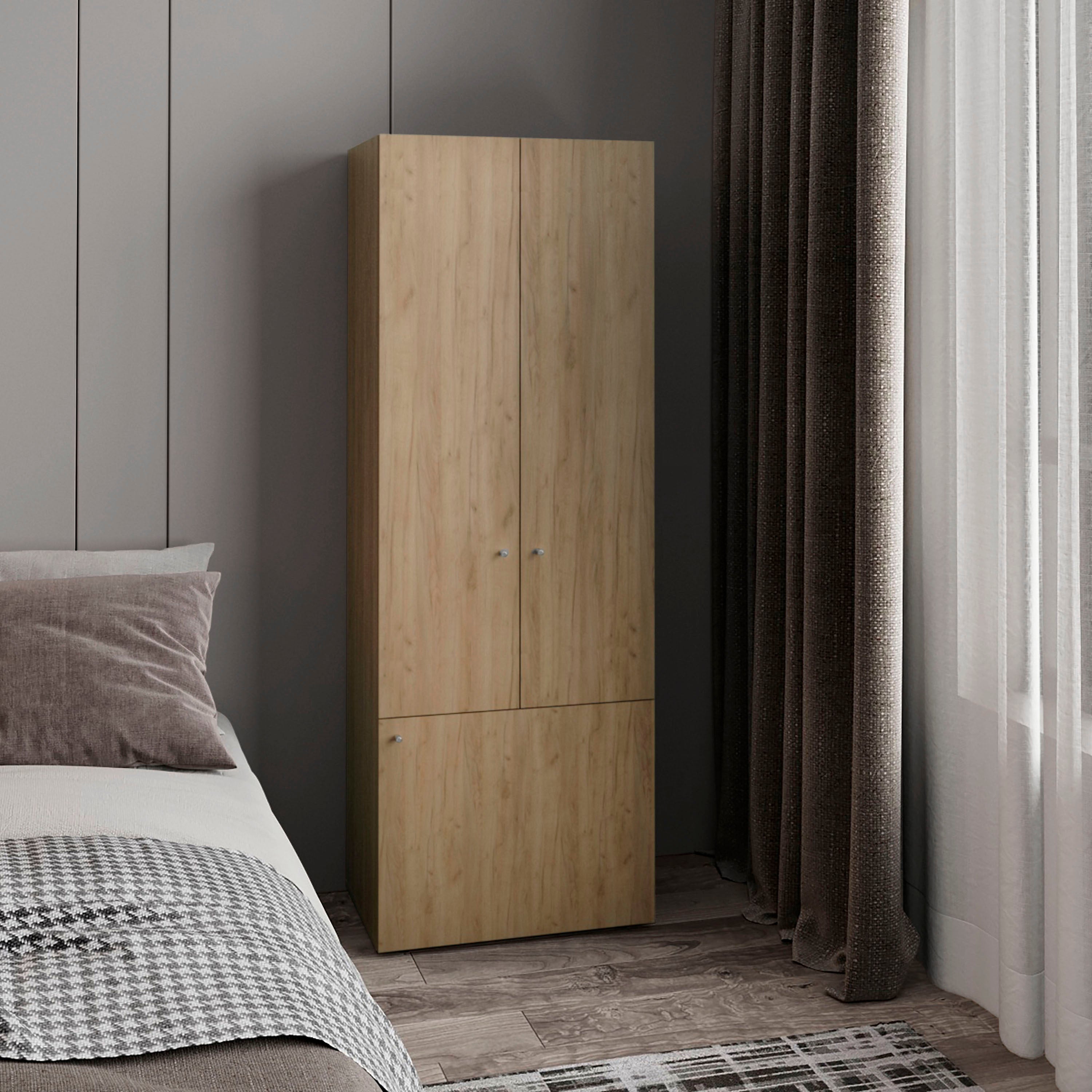 Freestanding 3-Door Closet: Rod, Shelves, Oak Wood Storage