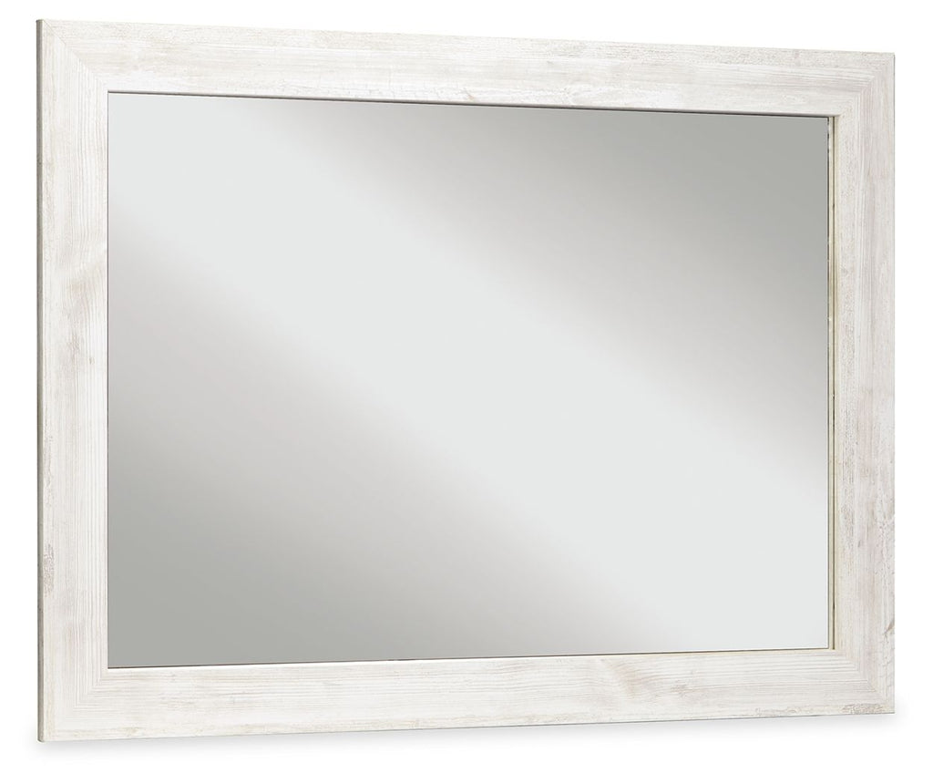 Rectangular bedroom accent mirror with whitewash wood frame and clear inner glass