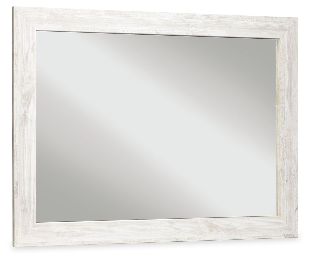 Rectangular bedroom accent mirror with whitewash wood frame and clear inner glass