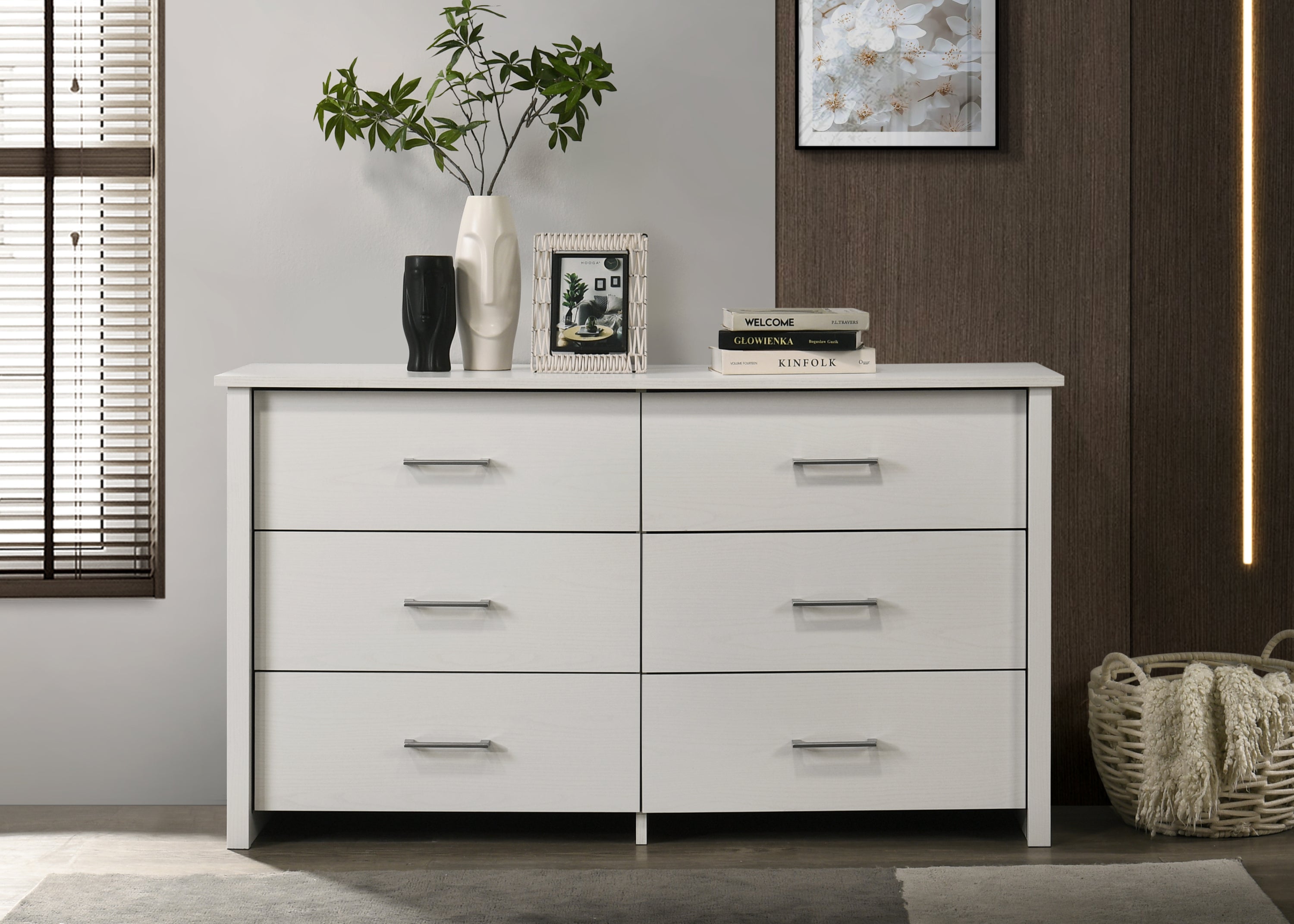 Celeste 57"W White 6-Drawer Dresser with Silver Handles