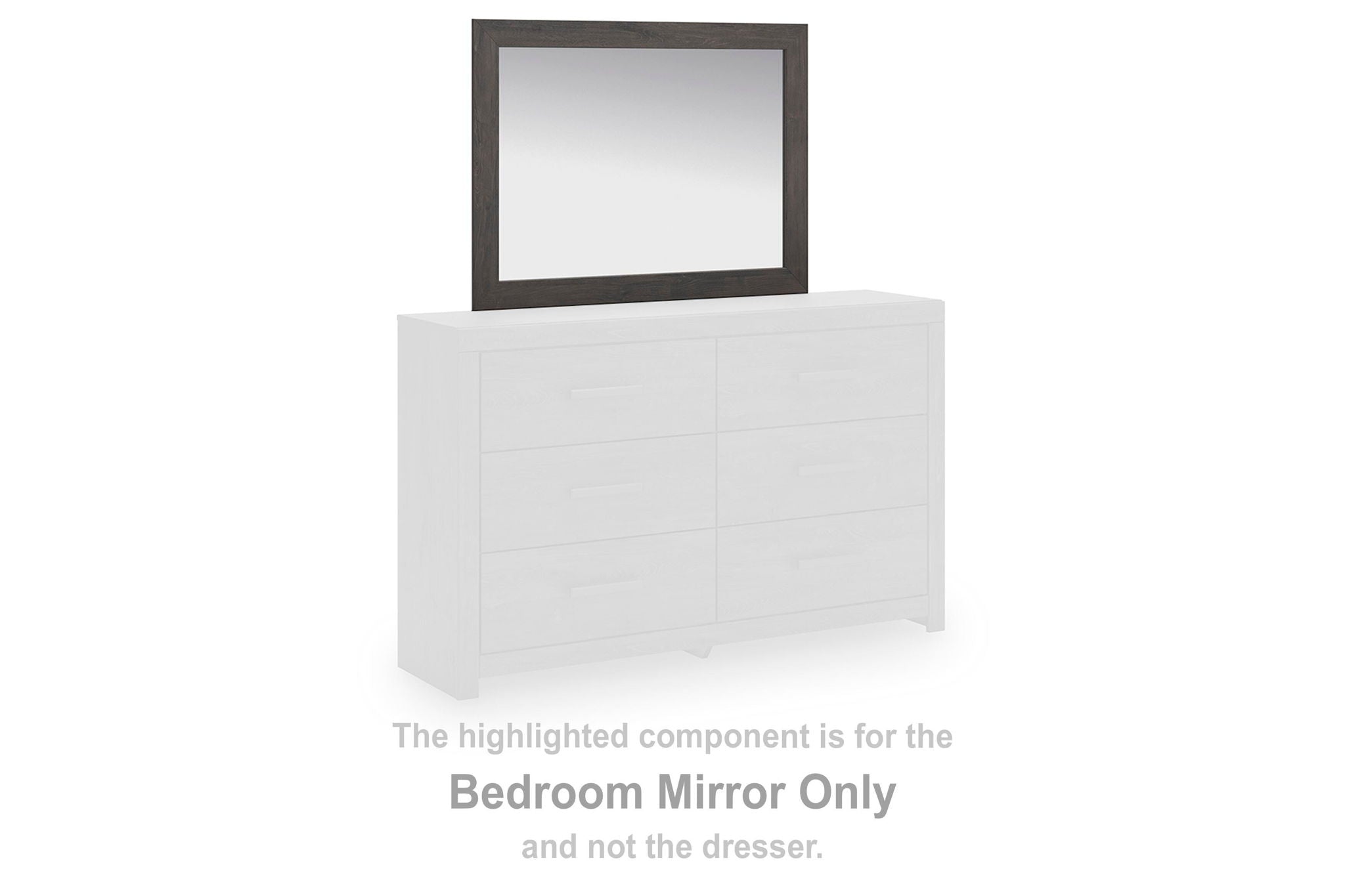 Charcoal framed bedroom mirror set on white dresser