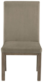 Upholstered dining side chair, tall rectangular back, gray fabric seat, wood legs