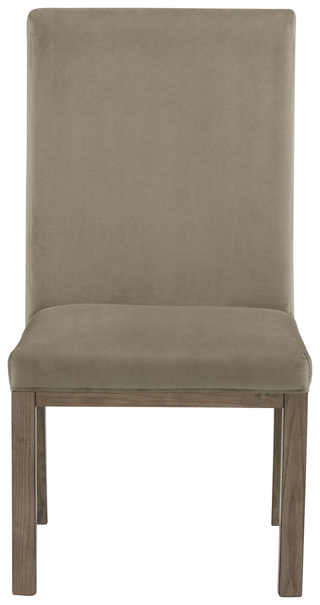 Upholstered dining side chair, tall rectangular back, gray fabric seat, wood legs