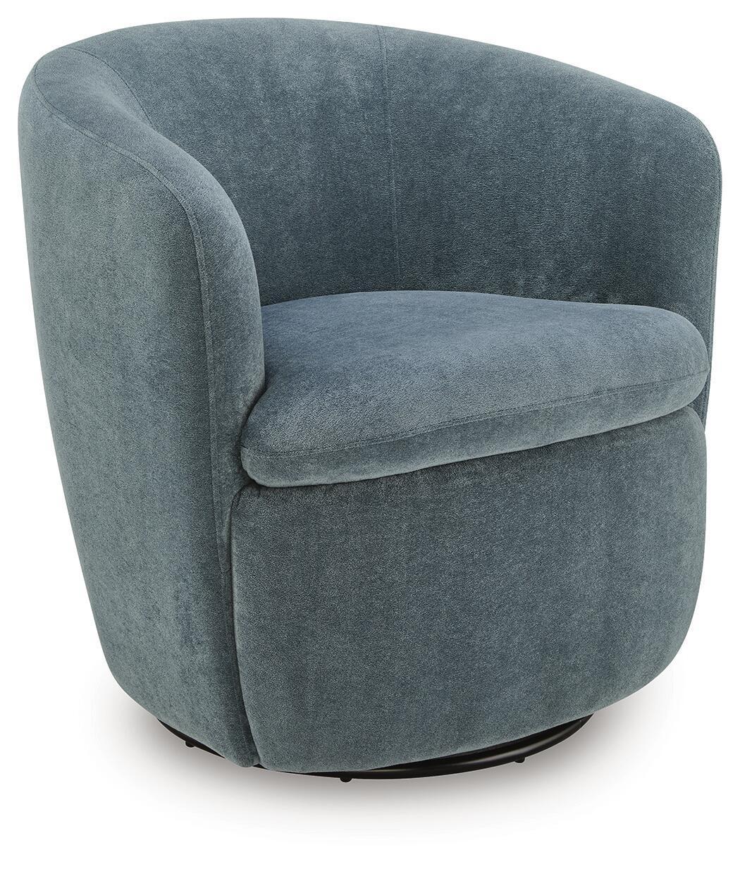 Swivel accent chair in muted blue-gray velvet with rounded arms and back.