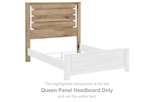 Queen panel headboard in tan wood with horizontal slats and panel sides